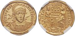 Ancients Constantius II (AD 337-361). AV solidus (21mm, 4.39 gm, 6h). NGC MS 5/5 - 4/5. Rome, AD 355-357. FL IVL CONSTANTIVS P F AVG, helmeted, diademed and cuirassed bust of Constantius facing slight