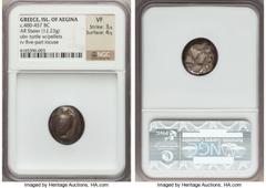 Ancients Greek ISLANDS off ATTICA. Aegina. Ca. 500/490-480 BC. AR stater (18mm, 12.23 gm). NGC VF 3/5 - 4/5. Sea turtle with trefoil collar and line of pellets down the back of its shell / Square incu