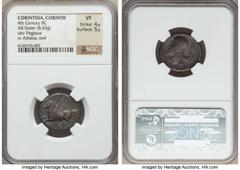 Ancients Greek CORINTHIA. Corinth. Ca. 400-375 BC. AR stater (8.43 gm). NGC VF 4/5 - 5/5. Pegasus flying left; Ϙ below / Head of Athena left, wearing uncrested Corinthian helmet pushed back on head; I