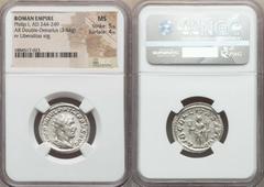 Ancients Roman Imperial Philip I (AD 244-249). AR antoninianus (3.84 gm). NGC MS 5/5 - 4/5.  Rome, AD 244-247. IMP M IVL PHILIPPVS AVG, radiate, draped, cuirassed bust of Philip I right, seen from beh