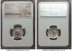 Ancients Roman Imperial Maximinus I Thrax (AD 235-238). AR denarius. NGC AU. Rome, AD 235-236. IMP MAXIMINVS PIVS AVG, laureate, draped and cuirassed bust of Maximinus I right, seen from behind / SALV