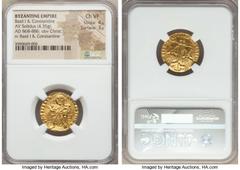 Ancients Byzantine Basil I the Macedonian (AD 867-886), with Constantine (AD 868-879). AV solidus (4.35 gm). NGC Choice VF 4/5 - 3/5. Constantinople, AD 870-871. + IhS XPS RЄX-RЄGNANTIЧM*, full-length