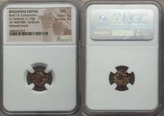 Ancients Byzantine Basil I the Macedonian (AD 867-886), with Constantine (AD 868-879). EL semissis (1.19 gm). NGC MS 5/5 – 4/5. Syracuse. Debased Issue. bAS-ILЄIOC', crowned bust of Basil I facing, we
