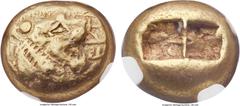 Ancients LYDIAN KINGDOM. Alyattes or Walwet (610-561 BC). EL third stater or trite (12mm, 4.74 gm). NGC Choice VF★ 5/5 - 5/5. Inscribed issue, Sardes (?), ca. 600-580 BC. Two confronted heads of lions