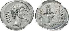 Ancients Octavian, as Triumvir and Imperator (19mm, 3.64 gm, 6h). NGC Choice XF 4/5 - 3/5. Rome, 40 BC, moneyer Ti. Sempronius Gracchus. DIVI IVLI · F ·, bare head of Octavian right, with slight beard