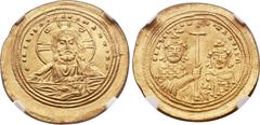 Ancients Basil II Bulgaroctonos (AD 976-1025), with Constantine VIII. AV histamenon nomisma (27mm, 4.40 gm, 6h). NGC Gem MS 5/5 - 5/5. Constantinople, 1005-1025. + IhS XIS RЄX RЄςNANTIhM, bust of Chri