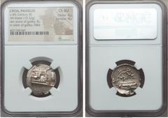 Ancients LYCIA. Phaselis. 4th century BC. AR stater (10.32 gm). NGC Choice AU 4/5 - 4/5. Prow of war galley right, fighting platform decorated with facing gorgon, cicada (or fly) to right / Stern of g
