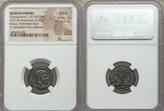 Ancients Roman Imperial Constantine I the Great (AD 307-337). AE3 or BI nummus (3.56 gm). NGC MS S 5/5 - 5/5.  Siscia, 2nd officina, AD 320. CONST-ANTINVS AVG, helmeted, cuirassed bust of Constantine 