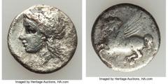 Ancients Greek CORINTHIA. Corinth. Ca. 350-280 BC. AR drachm (2.43 gm). Fine, porosity. Pegasus flying left; Ϙ below / Laureate head of Aphrodite (?) left, free flowing hair. cf. BCD Corinth 146 for t