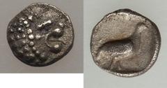 Ancients Greek CARIA. Mylasa. Ca. 420-390 BC. AR tetartemorion (0.23 gm). About XF. Head of roaring lion right / Bird standing right within incuse square. SNG Kayhan 944 var. (pellets on reverse). HID
