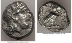 Ancients Greek ATTICA. Athens. Ca. 393-350 BC. AR tetradrachm (15.89 gm). About VF, crystalization, test cut, brushed. Transitional style. Head of Athena right with realistic profile eye, wearing cres