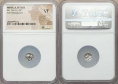 Ancients Greek MOESIA. Istrus. AR hemiobol. 5th-4th centuries BC. NGC VF. Facing male heads, the right inverted / IΣTPIH, sea-eagle left, grasping dolphin with talons; Y below tail feathers. AMNG I, -