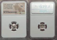 Ancients Greek LYCIA. Lycian League. Masicytes. Ca. 48-27 BC. AR quarter drachm. NGC AU. Diademed, draped bust of Artemis right, bow and quiver over shoulder / Λ-Y-M-A, quiver; palm to left; all withi