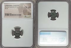 Ancients Greek CORINTHIA. Corinth. Ca. 303-287 BC. AE15. NGC Choice VF. Pegasus flying left, Ϙ below / Ornamental trident head; Δ-Ω across the fields, amphora in right field. BCD Corinth 275-6. HID054