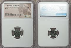 Ancients Greek CORINTHIA. Corinth. Ca. 303-287 BC. AE12. NGC VF.  Pegasus flying left, Ϙ below / Ornamental trident head; Pegasus rearing right in right field. Cf. BMC 446-7 (different field marks). H