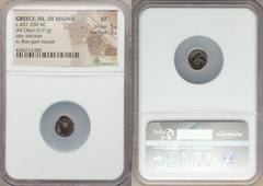 Ancients Greek SARONIC ISLANDS. Aegina. Ca. 457-350 BC. AR obol (0.91 gm). NGC XF 5/5 - 2/5. Sea turtle with thin collar and row of dots down shell, seen from above / Large skew incuse pattern of five