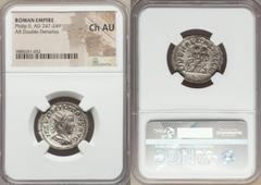 Ancients Roman Imperial Philip II, as Augustus (AD 247-249). AR antoninianus. NGC Choice AU. Rome. IMP PHILIPPVS AVG, radiate, draped and cuirassed bust of Philip II right, seen from behind / LIBERALI
