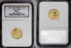 Chios. Gold Zecchino of Philip Maria Visconti (1421-36), Friedberg 4, S mintmark for Chios, MS61 NGC. Struck by the Milanese Dukes in imitation of the current Venetian ducat. Bold legends, especially 