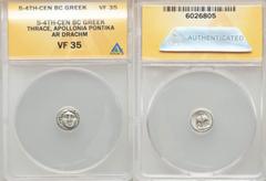 Ancients Greek THRACE. Apollonia Pontica. Late 4th century BC. AR diobol. ANACS VF 35. Laureate facing head of Apollo / Upright anchor; A to left, crayfish to right. Topalov, Apollonia 56. SNG BM Blac