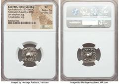 Ancients Oriental INDO-GREEK KINGDOM. Bactria. Apollodotus I Soter (ca. 174-160 BC). AR Indic square drachm (2.39 gm). NGC XF 5/5 - 3/5. Taxila, ca. 165-160 BC. ΒΑΣΙΛΕΩΣ-ΑΠΟΛΛΟΔΟΤΟΥ-ΣΩΤΗΡΟΣ, elephant 