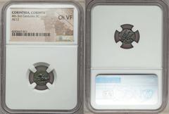 Ancients Greek CORINTHIA. Corinth. Ca. 303-287 BC. AE12. NGC Choice VF.  Pegasus flying left, Ϙ below / Ornamental trident head; bipennis in right field. BCD Corinth 270. HID05401242017