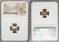 Ancients Greek LYDIAN KINGDOM. Alyattes or Walwet (ca. 610-561 BC). EL third stater or trite (4.72 gm). NGC VF 4/5 - 4/5.  Uninscribed issue, Lydo-Milesian standard. Sardes mint. Head of lion right, m