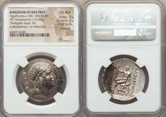 Ancients Greek BACTRIAN KINGDOM. Agathocles (ca. 185-170 BC). AR tetradrachm (16.56 gm). NGC Choice AU, 5/5 - 2/5, Fine Style, scratches. "Pedigree issue" commemorating Euthydemus I (ca. 230-200 BC). 