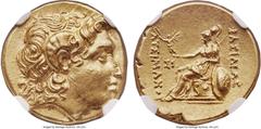 Ancients THRACIAN KINGDOM. Lysimachus (305-281 BC). AV stater (19mm, 8.44 gm, 12h). NGC MS 5/5 - 3/5, Fine Style. Posthumous issue of Bithynia, Calchedon, ca. 250-240 BC. Diademed head of the deified 