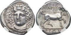 Ancients THESSALY. Larissa. Ca. 356-342 BC. AR stater or didrachm (24mm, 12.20 gm, 12h).  NGC Choice AU 4/5 - 2/5, smoothing. Head of nymph Larissa facing slightly left, hair in ampyx, wearing  / ΛΑΡΙ