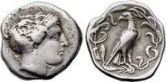 Ancients ELIS. Olympia. Ca. 356 BC. AR stater (25mm, 11.31 gm, 3h). Good Fine. Hera mint, for the 106th Olympiad. F - A,  head of the nymph Olympia to right, wearing pendant earring, hair bound in sph