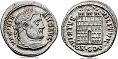 Ancients Galerius (AD 305-311). AR argenteus (19mm, 3.30 gm, 12h). Choice MS 5/5 - 5/5. Serdica, 5th officina, ca. AD 305-306. MAXIMIA-NVS AVG, laureate head of Galerius right / VIRTVS MILITVM, city w