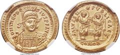 Ancients Theodosius II, Eastern Roman Emperor (AD 402-450). AV solidus (21mm, 4.50 gm, 6h). NGC Gem MS★ 5/5 - 5/5. Constantinople, 7th officina, AD 426-429. DN THEODO-SIVS P F AVG, pearl-diademed, hel