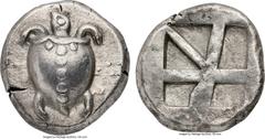 Ancients SARONIC ISLANDS. Aegina. Ca. 480-457 BC. AR stater (21mm, 12.26 gm). NGC Choice AU★ 5/5 - 4/5. Sea turtle, viewed from above, head turned sideways, with trefoil collar and row of five dots do