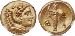 Ancients MYSIA. Pergamum. Time of Alexander III the Great, ca. 334-323 BC. AV stater (20mm, 8.62 gm, 1h). NGC MS 5/5 - 3/5, Fine Style. Head of young Heracles right wearing lion skin headdress, paws k