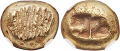 Ancients IONIA. Uncertain city. Ca. 650-600 BC. EL third stater or trite (11mm, 4.74 gm). NGC Choice AU 5/5 - 5/5. Lydo-Milesian standard. Flattened surface with parallel striations / Two incuse squar