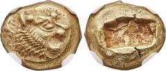 Ancients LYDIAN KINGDOM. Alyattes or Walwet (ca. 610-561 BC). EL third stater or trite (12mm, 4.72 gm). NGC Choice AU★ 5/5 - 5/5. Uninscribed issue, Lydo-Milesian standard. Sardes mint. Head of lion r