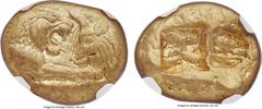 Ancients LYDIAN KINGDOM. Croesus (ca. 561-546 BC). AV stater (17mm, 10.75 gm). NGC Choice AU 5/5 - 5/5. Sardes, "heavy" standard, ca. 550 BC. Confronted foreparts of lion (on left, facing right), with