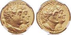 Ancients PTOLEMAIC EGYPT. Ptolemy II Philadelphus (285-246 BC), with Arsinoe II, Ptolemy I, and Berenice I. AV half-mnaieion or tetradrachm (20mm, 13.93 gm, 12h). NGC MS 5/5 - 4/5, Fine Style. Alexand