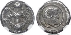 Ancients CYRENAICA. Cyrene. Ca. 480-435 BC. AR drachm (15mm, 3.26 gm, 12h). NGC Choice XF 5/5 - 3/5, Fine Style. Silphium plant with striated stem, four leaves and large ball at top /  K - V - P- A in