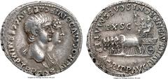 Ancients Nero (AD 54-68), with Agrippina Junior (Augusta, AD 50-59). AR denarius (19mm, 3.66 gm, 7h). NGC XF★ 4/5 - 5/5. Lugdunum, AD 55. NERO CLAVD DIVI F CAES AVG GERM IMP TR P COS, jugate busts rig