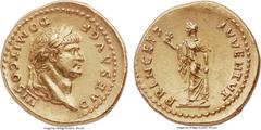 Ancients Domitian, as Caesar (AD 69-81). AV aureus (20mm, 7.32 gm, 6h). Choice AU, repaired. Rome, under Vespasian, AD 75. CAES AVG F DOMIT COS III,  laureate head of Domitian right / PRINCEPS IVVENTV