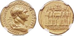 Ancients Trajan (AD 98-117). AV aureus (19mm, 7.22 gm, 6h). NGC Choice XF 5/5 - 4/5. Rome, AD 112-113. IMP TRAIANO AVG GER DAC P M TR P COS VI P P, laureate, draped, and cuirassed bust of Trajan right