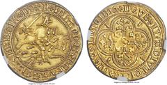 France Brittany (Bretagne). Jean V (1399-1442) gold Florin d'or au chevalier ND UNC Details (Reverse Rim Filed) NGC, Nantes mint, 2.90g, Fr-94, Dup-264. + IOhAnnЄS * DЄI * GRACIA | BRITOnV * DVX, armo