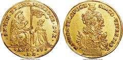 Italy Venice. Francesco Morosini gold Osella of 4 Zecchini 1691 AU55 NGC, Paolucci-339, Nomisma-199 (R5). 13.9g. Obv. Kneeling Doge accepting the banner from St. Mark. Rev. Bust of the Doge on a pedes