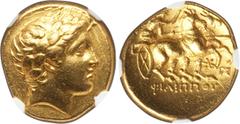 Ancients MACEDONIAN KINGDOM. Philip II (359-336 BC). AV stater (8.53 gm). NGC Choice XF 4/5 - 3/5, die shift. Posthumous issue of Abydus, under Philip III Arrhidaeus, 323-317 BC. Laureate head of Apol