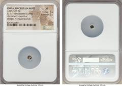 Ancients IONIA. Uncertain city. Ca. 625-550 BC. EL 1/192nd stater (0.08 gm). NGC XF 5/5 - 3/5. Raised tetraskelion pattern / Incuse punch. Cf. Rosen 366 (1/96th stater). Extremely rare, and undoubtedl