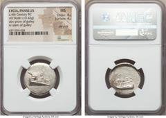 Ancients LYCIA. Phaselis. Ca. 4th century BC. AR stater (10.43 gm). NGC MS 4/5 - 4/5, die shift. Prow of galley right with fighting platform, gunwale decorated with eye / ΦAΣH above galley stern to le