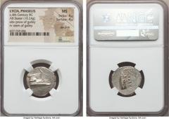 Ancients LYCIA. Phaselis. Ca. 4th century BC. AR stater (10.24 gm). NGC MS 4/5 - 4/5, die shift.  Prow of galley right with fighting platform, gunwale decorated with eye / ΦAΣH above galley stern to l
