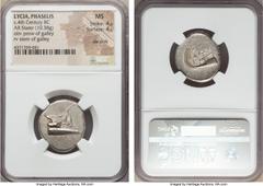 Ancients LYCIA. Phaselis. Ca. 4th century BC. AR stater (10.38 gm). NGC MS 4/5 - 4/5, die shift. Prow of galley right with fighting platform, gunwale decorated with eye / ΦAΣH above galley stern to le