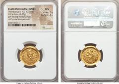Ancients Theodosius II, Eastern Roman Emperor (AD 402-450). AV solidus (4.53 gm). NGC MS 5/5 - 3/5. Constantinople, AD 443-445. Pearl-diademed, helmeted, cuirassed bust of Theodosius II facing, head s